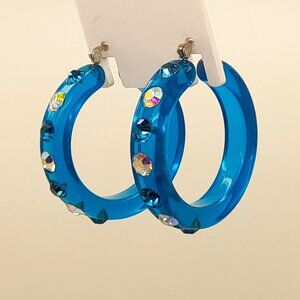 chunky blue zircon Lucite Acrylic wide 1.5 Hoop Latch Back Fashion Earrings